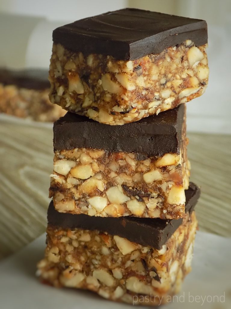 Stacked no bake date nut bars.