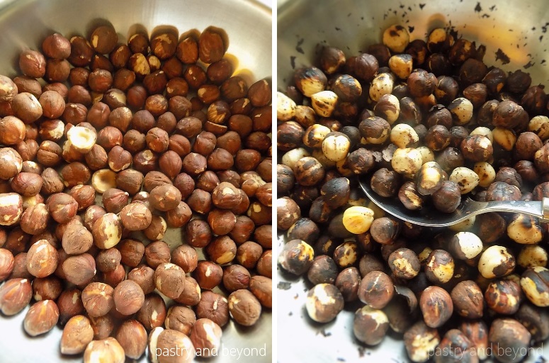 Collage for toasting hazelnuts on a stove.