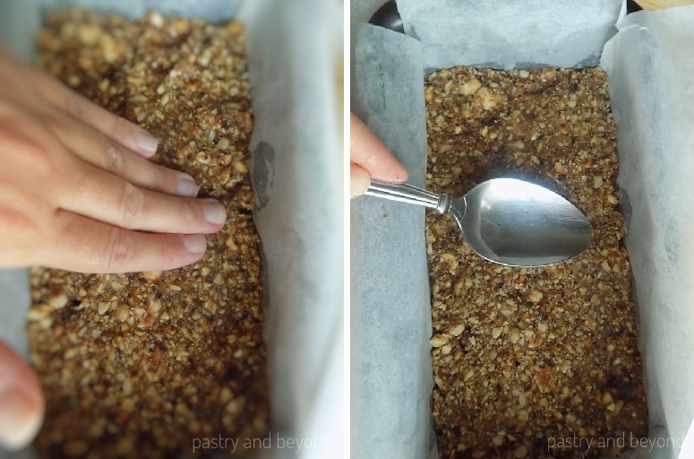Spreading hazelnut date mixture into a pan.