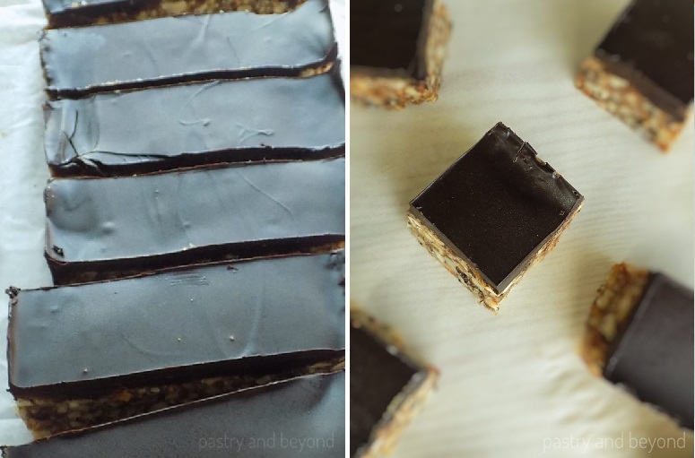 Collage of chocolate covered hazelnuts date slices and slices cut into small bars.
