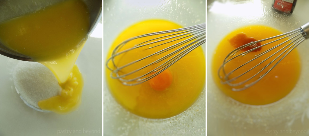 Collage of pouring melted butter over sugar, adding egg and mixing in the vanilla extract.