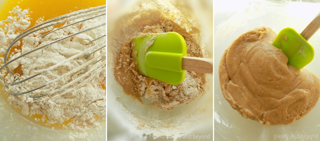 Collage of adding flour mixture over the wet ingredients and mixing until combined with a spatula.