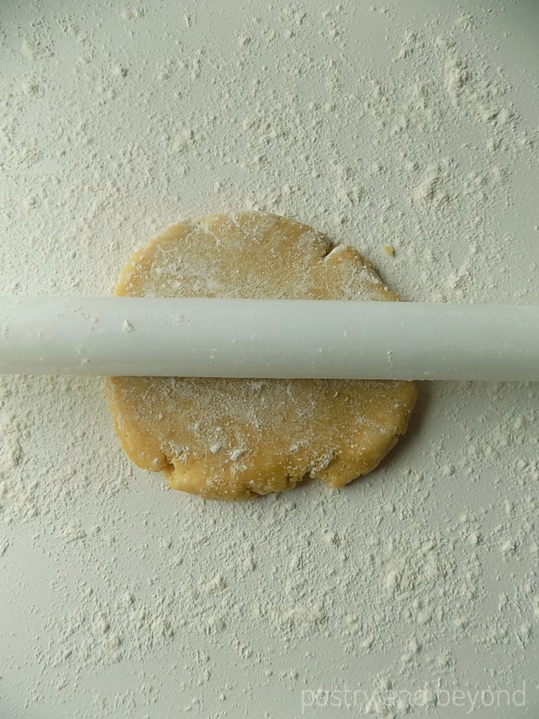 Dough on a lightly floured work surface with a rolling pin on top.