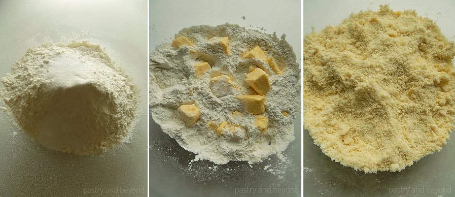 Stages of cutting the cold butter pieces into flour mixture.