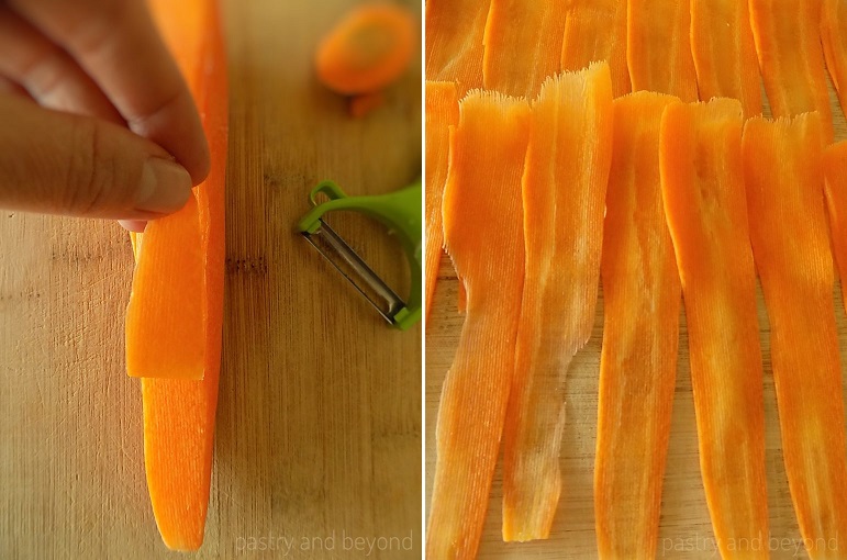 Collage of peeling carrot into thin strips and laying on a wooden surface.