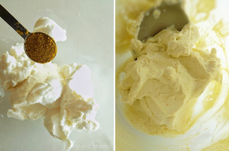 Collage of adding curry powder to the cream cheese and mixing with a spoon.