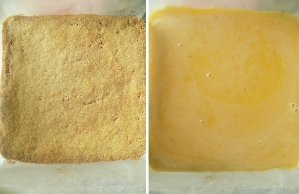Collage of baked shortbread crust and lemon curd mixture over baked crust.