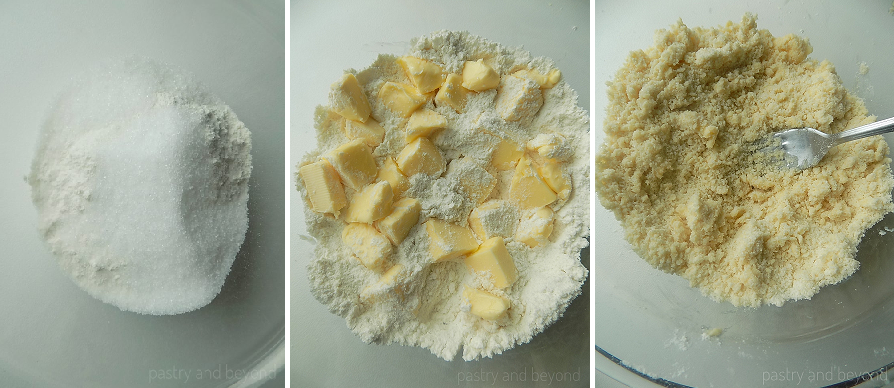 Collage of mixing flour with sugar and cutting butter into the flour mixture with a fork.
