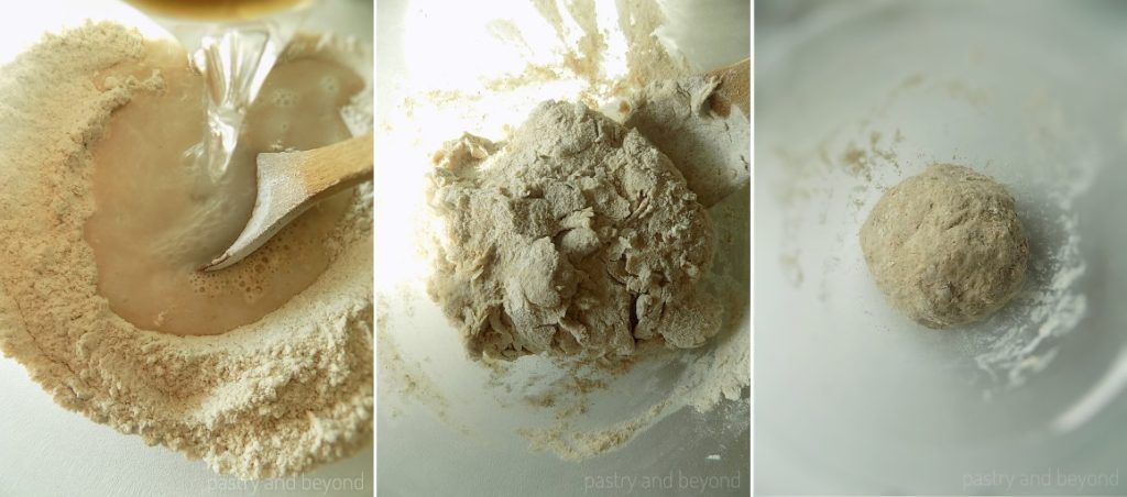 Pouring dissolved yeast and water over flour, mixing with a wooden spoon and making a ball.
