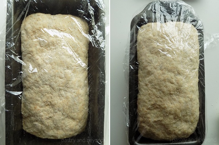 Dough in a pan before and after proving. 