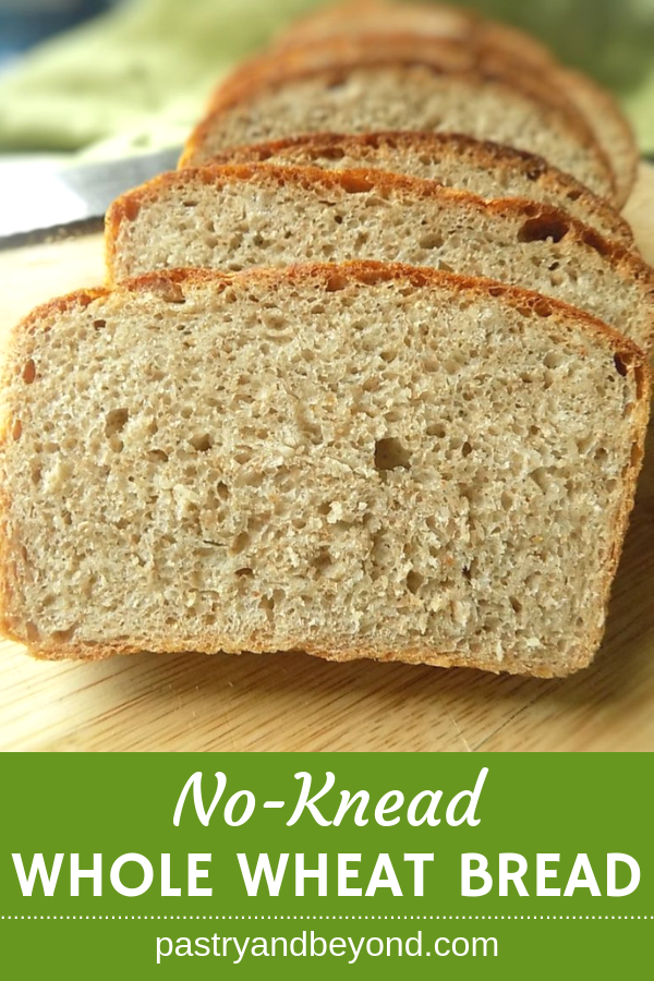 No-Knead whole wheat bread on a wooden surface.