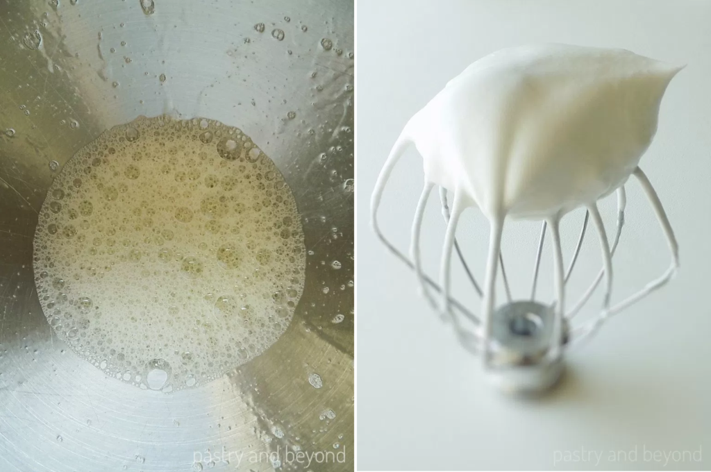 Collage of foamy meringue and stiff peak meringue.