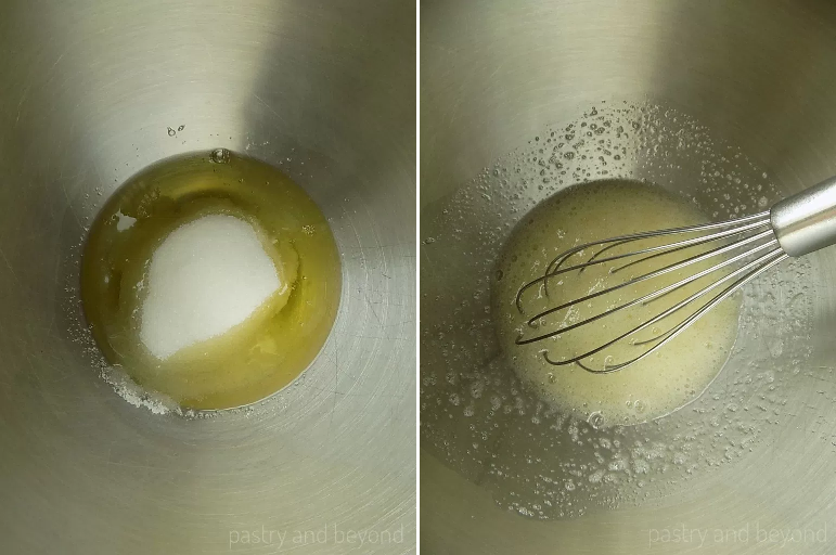 Mixing sugar and egg whites in a bow with a whisk.
