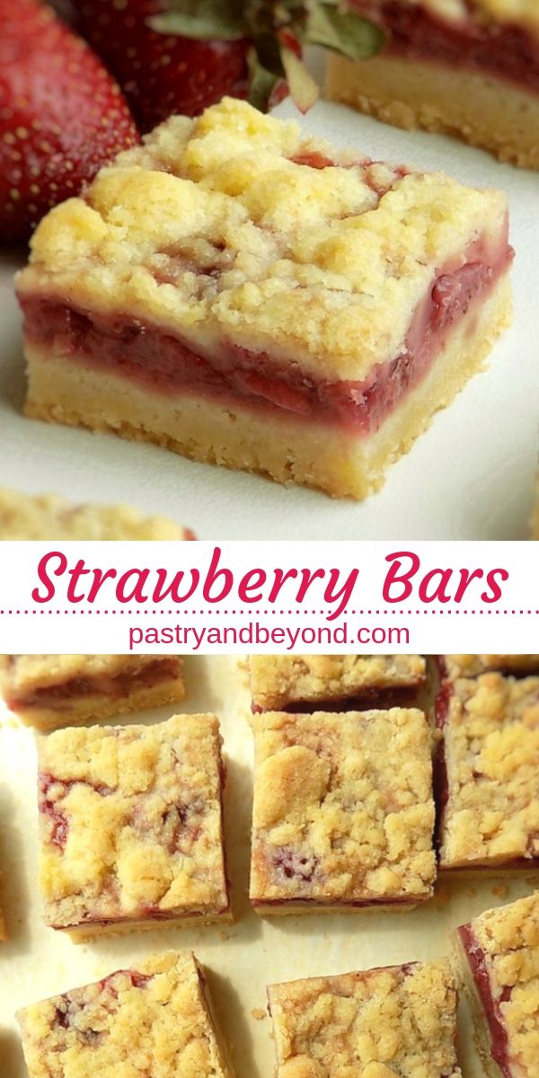 Strawberry crumble bars with text overlay.