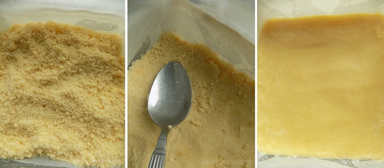 Spreading ⅔ dough in a heat proof dish with a spoon.