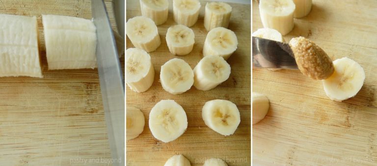 Slicing the bananas and putting peanut butter to the top.
