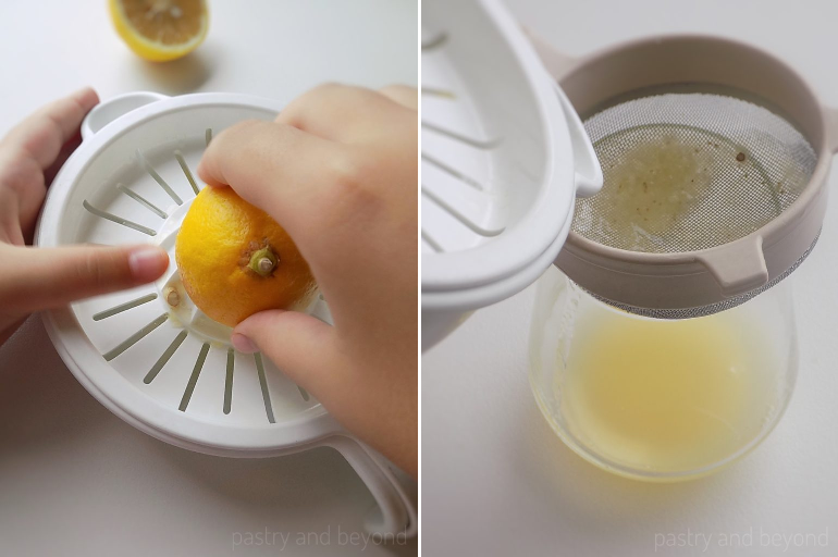 Collage of squeezing the lemon and straining.