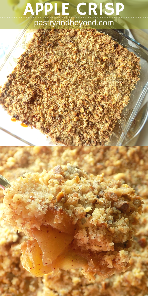 Collage of overhead view of apple crumble and spooned apple crumble with text overlay.