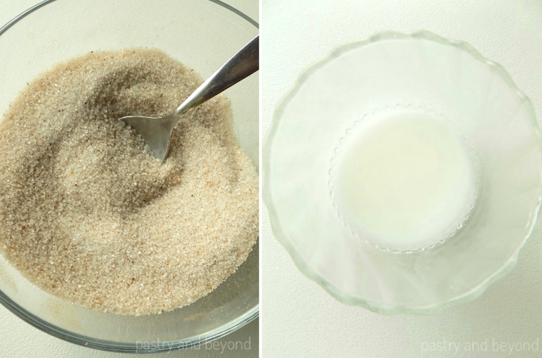 Sugar, cinnamon and nutmeg mixture in a small bowl. Cornstarch and water mixture in another bowl.