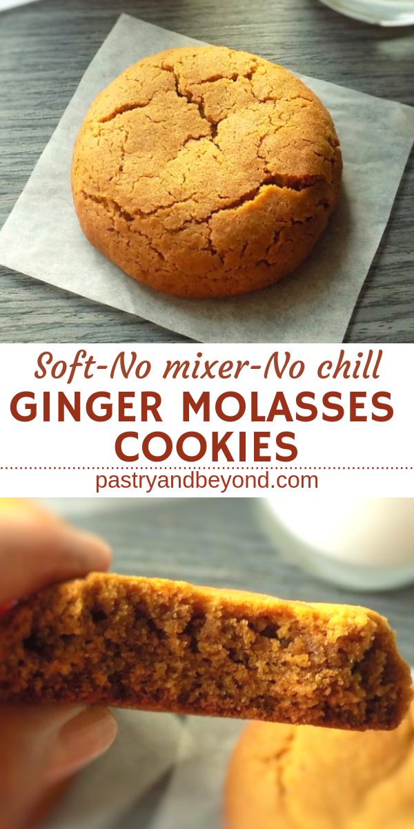 Soft ginger molasses cookies with text overlay.