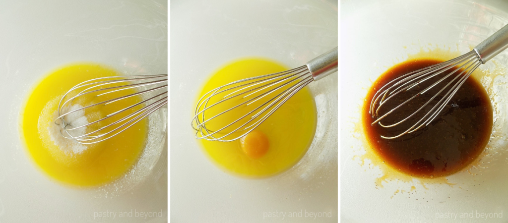  Mixing melted butter and sugar with a whisk. Mixing in the egg and molasses.