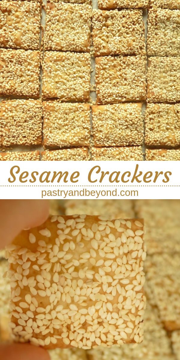 Collage of sesame crackers on parchment paper and holding a sesame cracker.