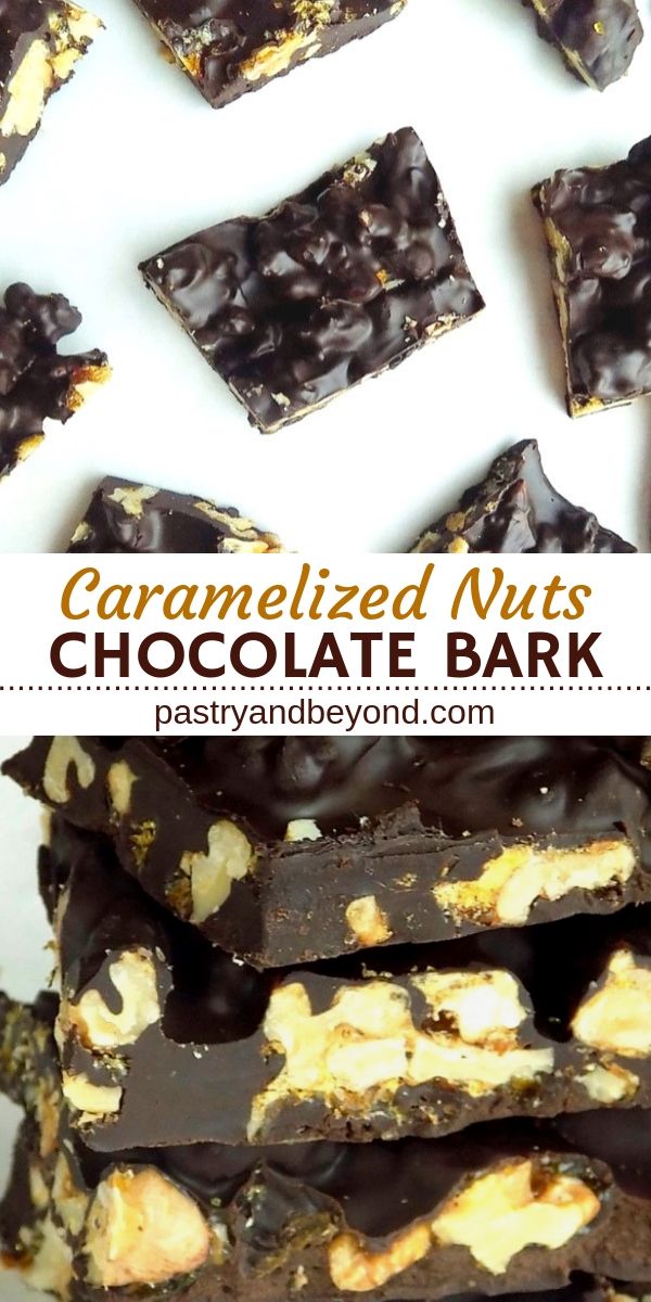 Collage of overhead and side view of chocolate candy bark.