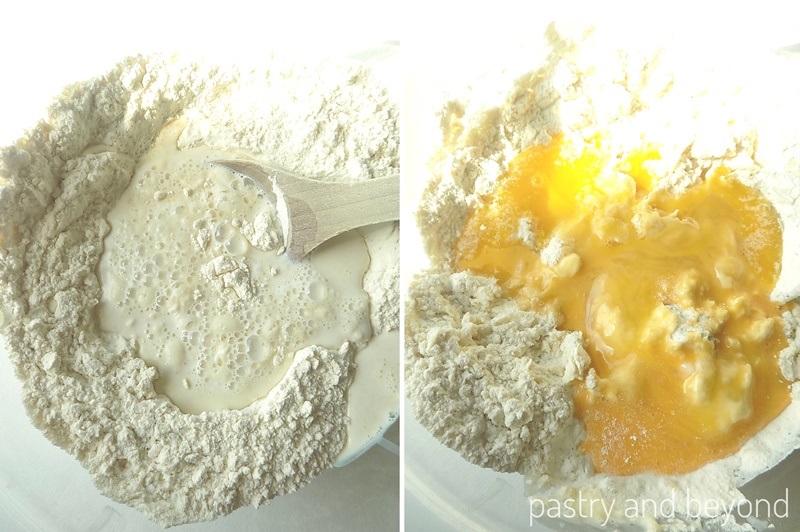 Mixing flour with milk, yeast, egg and melted butter.