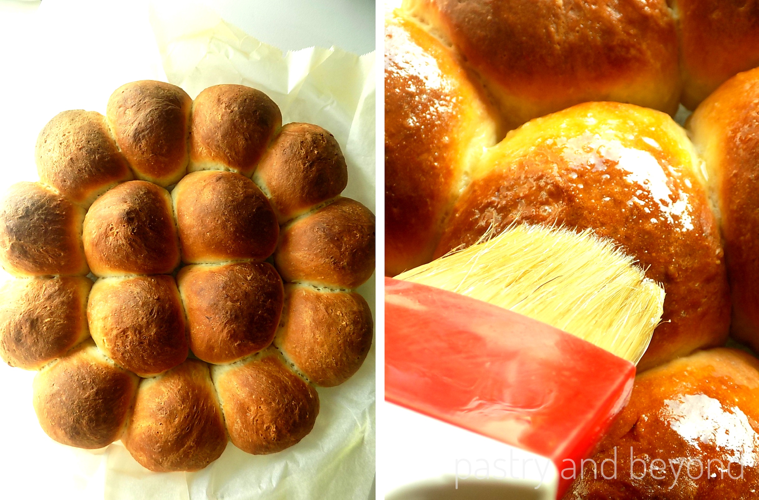 Baked sweet dinner rolls are brushed with melted butter. 