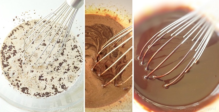 Mixing the heavy cream and chocolate with a whisk.
