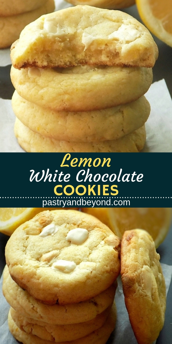 Lemon white chocolate cookies with text overlay.