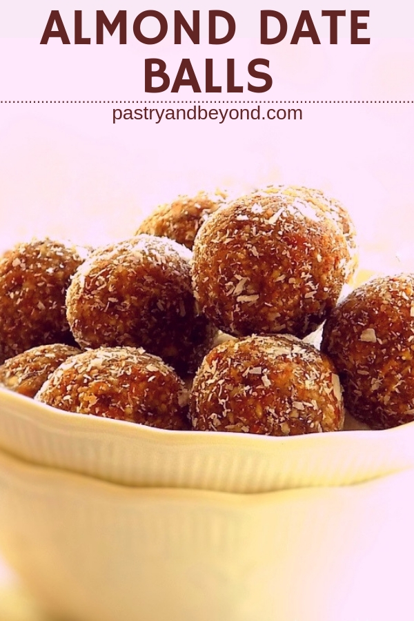 Almond Date Balls in a white bowl.