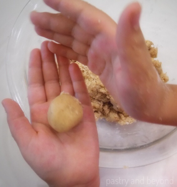 A hand holding the cookie dough ball.