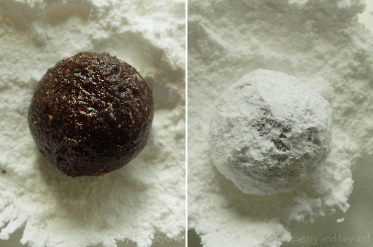 Rolling out the flourless cookie dough into a ball and covering with powdered sugar.