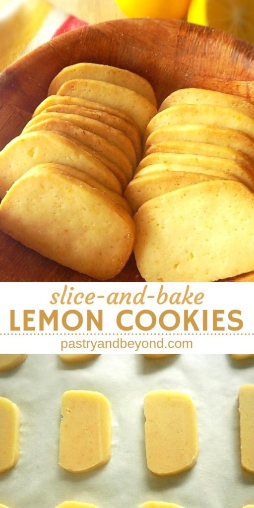 Collage for lemon slice and bake cookies that are in a row on a wooden bowl and uncooked cookies on parchment paper.