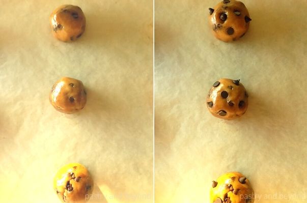 Chocolate Chip Cookie Dough Balls on a parchment paper with extra chocolate chips.