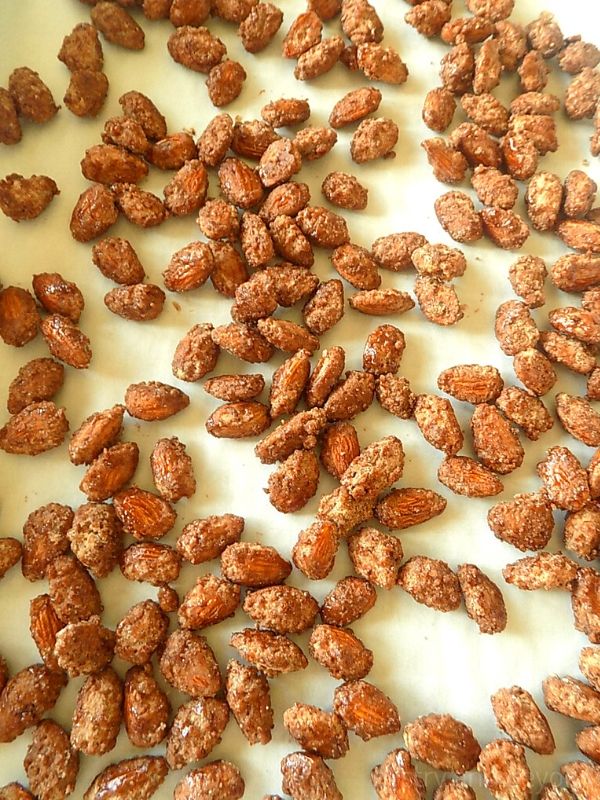 Candied almonds on parchment paper.