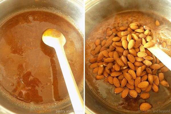 Stirring sugar mixture with a wooden spoon and adding the almonds once the mixture boils.