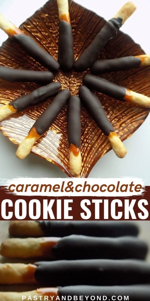 Cookie sticks on a brown plate and also in a row on a wooden surface with text overlay.