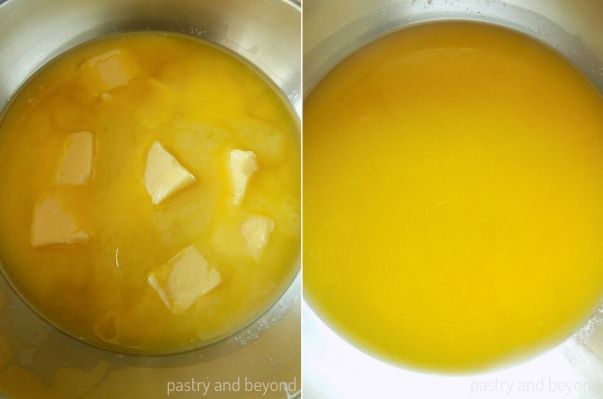 Pieces of butter in the melted butter and completely melted butter after stirring.