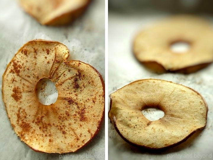 Collage of apple slices with cinnamon that started to curl up from edges and flipped over.