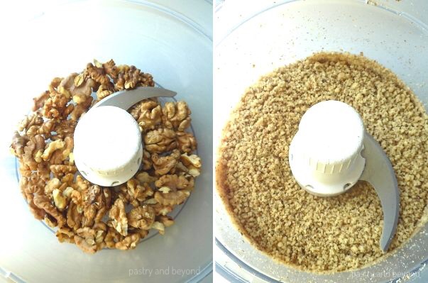 Collage of walnuts in a food processor before and after grounded.