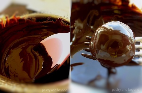 Collage of melted chocolate in a glass bowl and chocolate dipped fig ball on a fork. 
