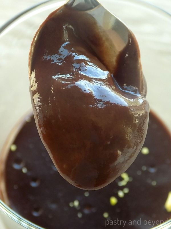 Chocolate pudding on a spoon to show the consistency.