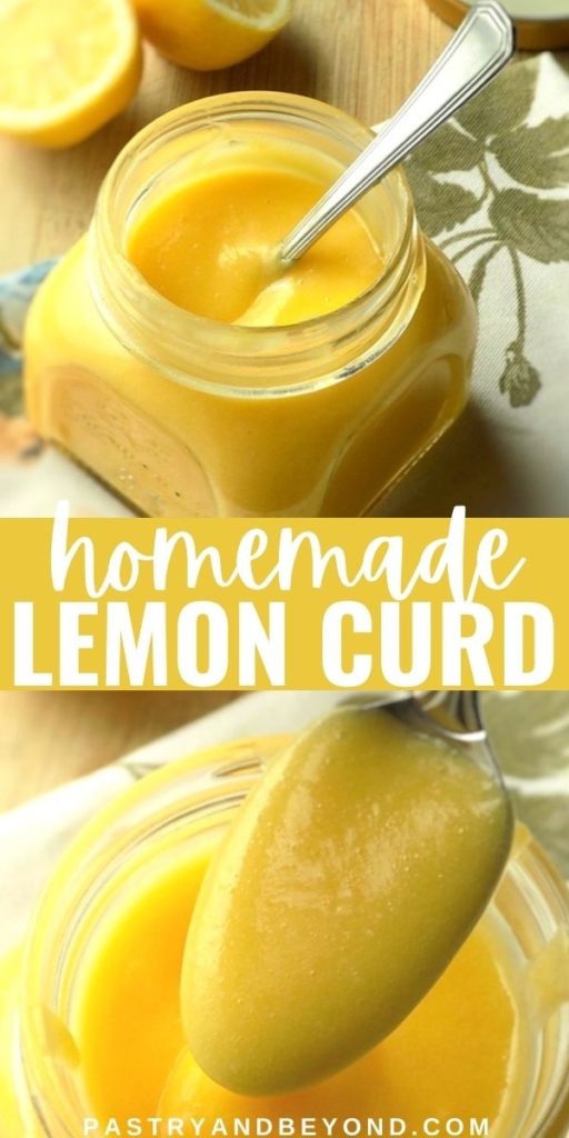 Homemade lemon curd in a jar and on a spoon.