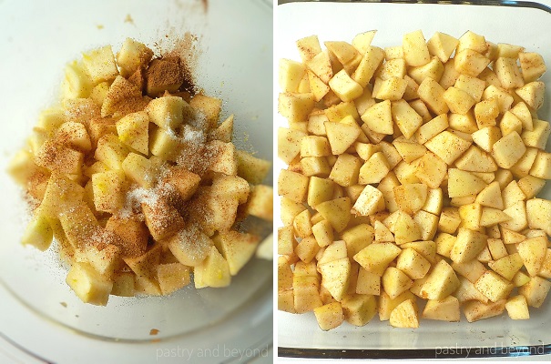 Tossing apples with sugar, cinnamon, lemon zest, lemon juice and placing the mixture into oven-proof dish.