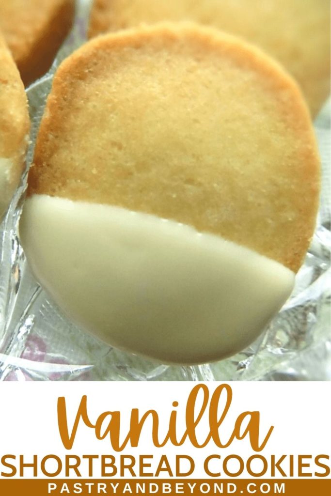 White chocolate dipped vanilla shortbread cookie.