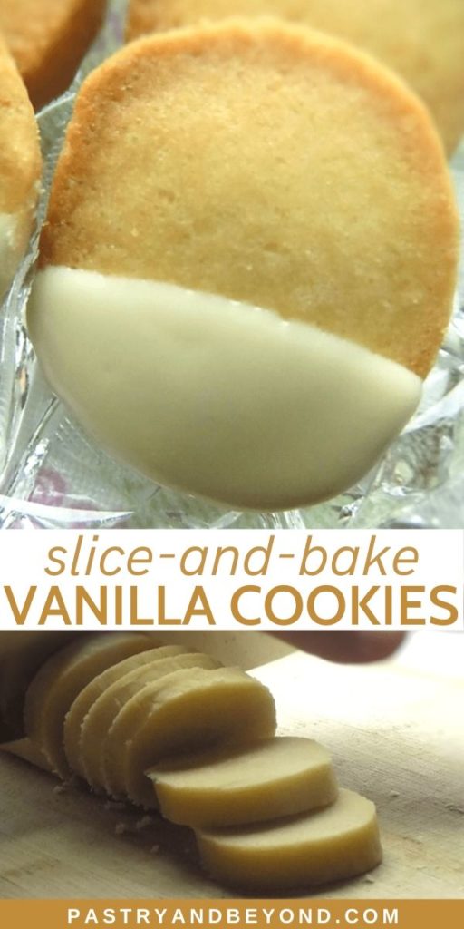 Pin for white chocolate dipped vanilla shortbread cookies.