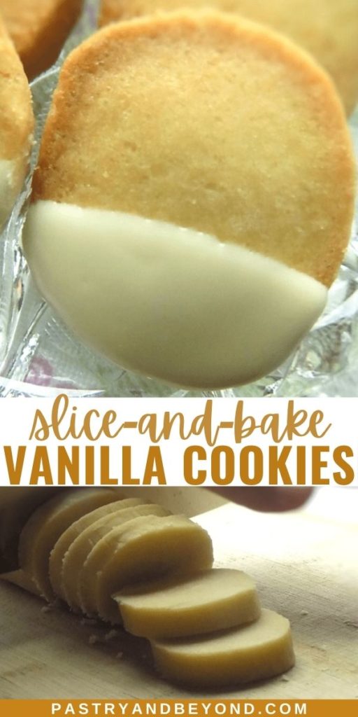 White chocolate dipped vanilla cookie and sliced uncooked cookies.