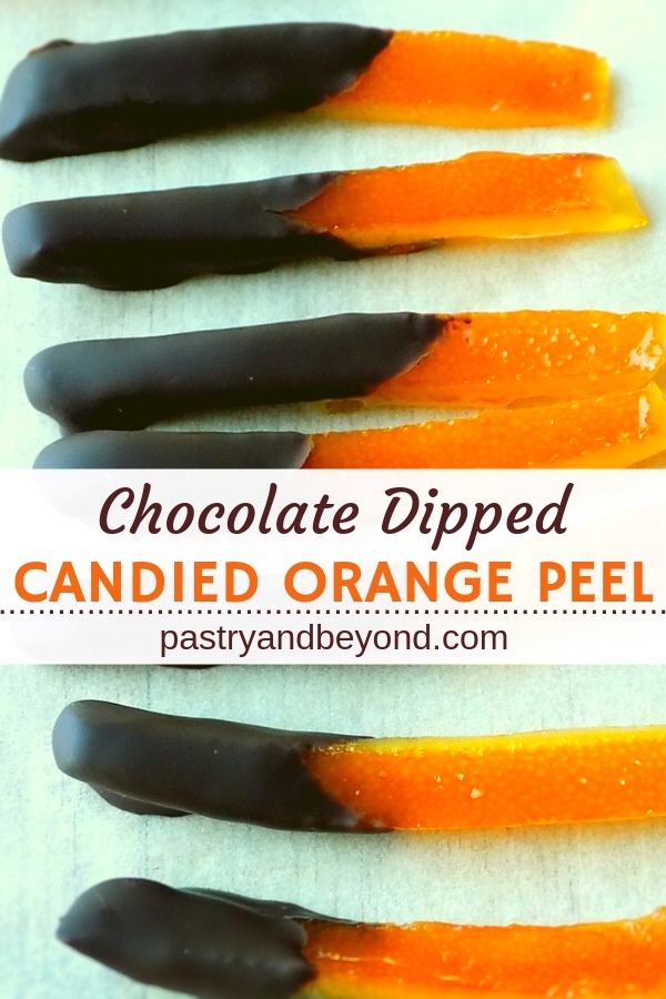 Chocolate covered candied orange peels with text overlay.